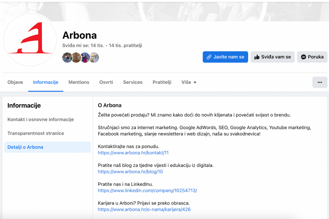 Arbonin profil na društvenoj mreži Facebook